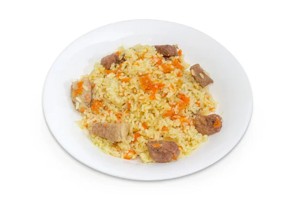 Cooked pilaf on dish on a white background — Stock Photo, Image