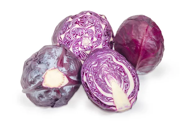 Halves and whole heads of red cabbage on white background — Stock Photo, Image