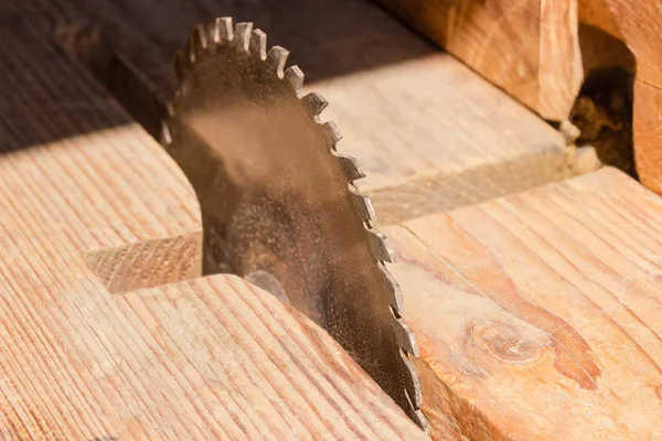 Hoja de sierra circular para cortar madera en primer plano con enfoque selectivo —  Fotos de Stock