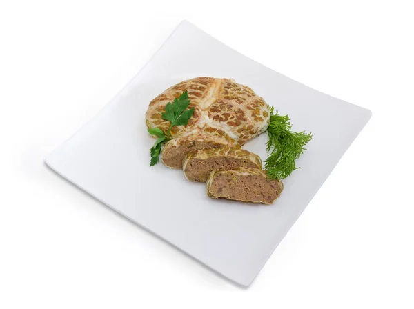 Baked chopped pork liver pate on white square dish — Stock Photo, Image