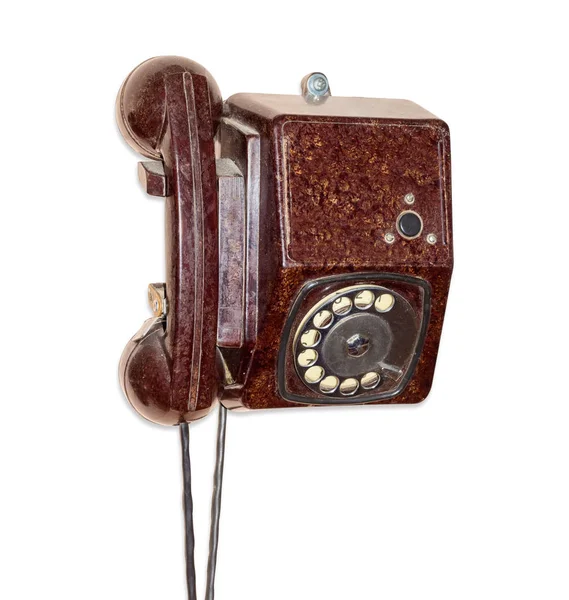 Oude muur telefoon met draaiknop in bruin bakelieten behuizing — Stockfoto