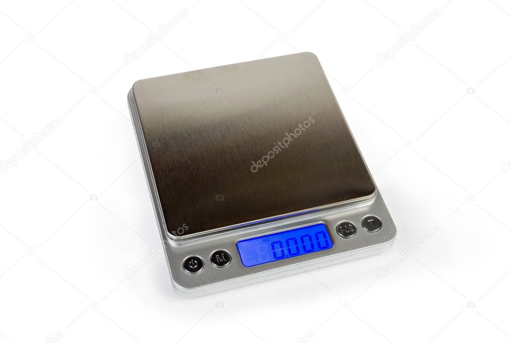 Empty professional digital table top scales on white background