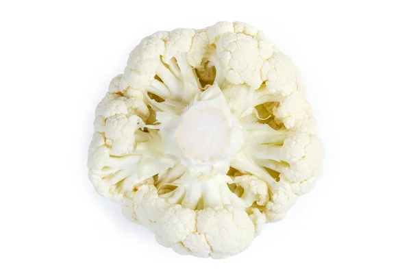 Roher Blumenkohl mit Kohlstiel aufgelegt, auf weißem Hintergrund — Stockfoto
