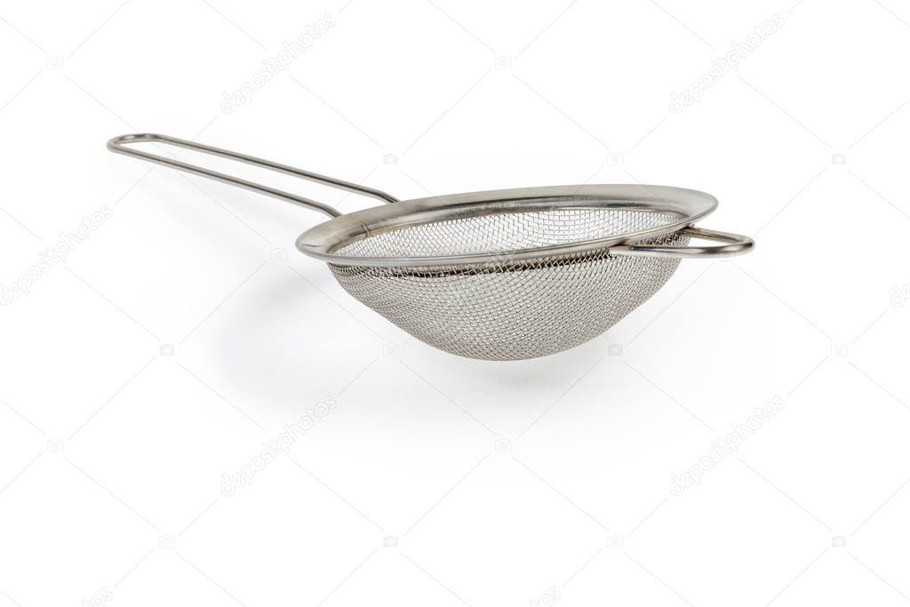 Round stainless steel sieve on a white background
