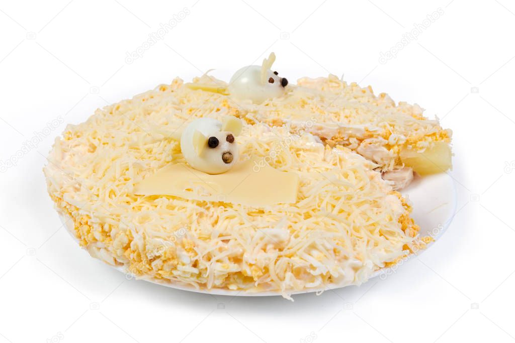 Cheese salad decorated with figures rats from boiled eggs close-up