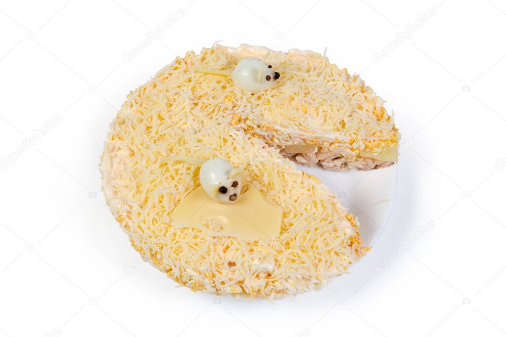 Cheese salad decorated with small figures rats from boiled eggs 