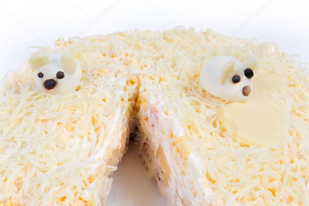 Cheese salad decoration in rats form from boiled eggs close-up 