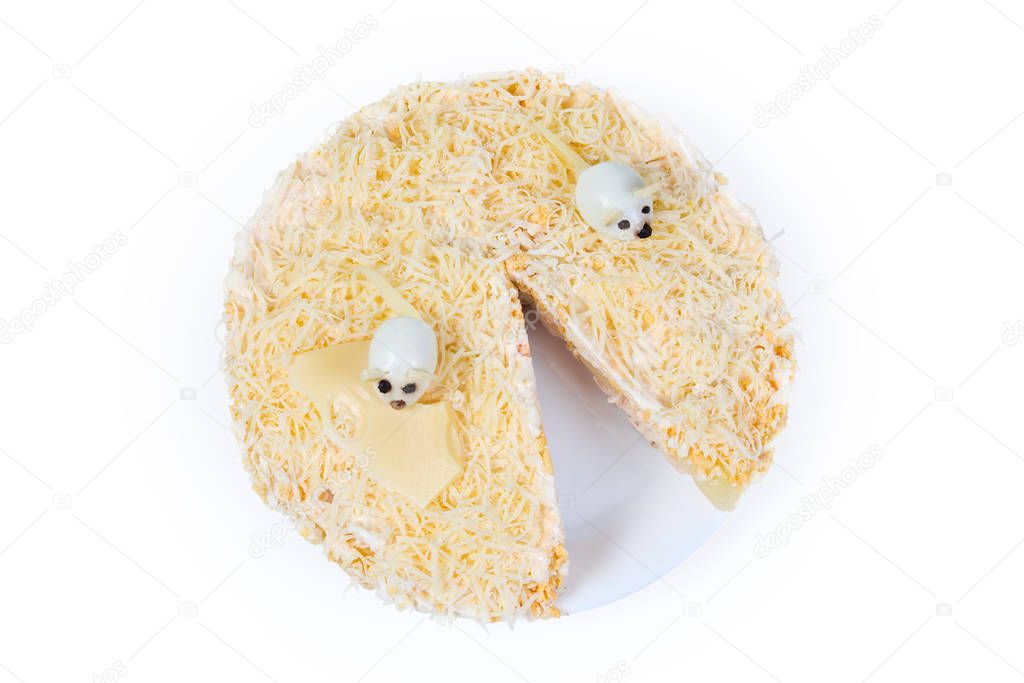 Cheese salad decorated with figures rats from eggs, top view