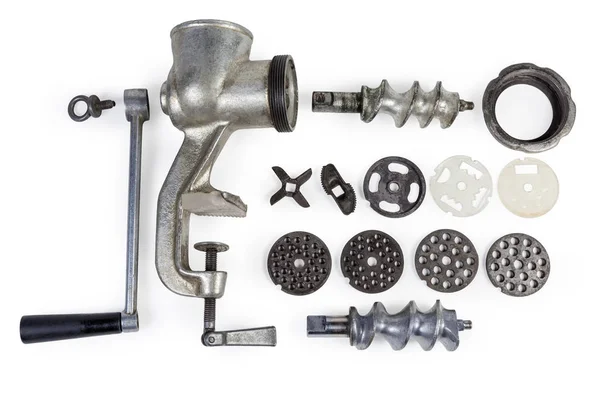 Disassembled hand meat grinder and interchangeable components focus — Stock Photo, Image