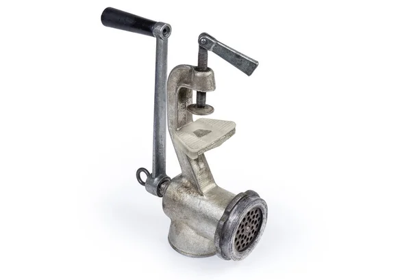 Inverted old hand meat grinder on a white background — Stock Photo, Image