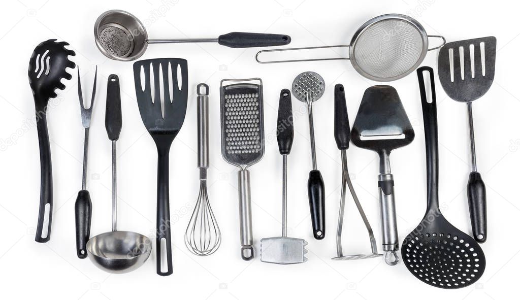 Different cooking utensils on a white background