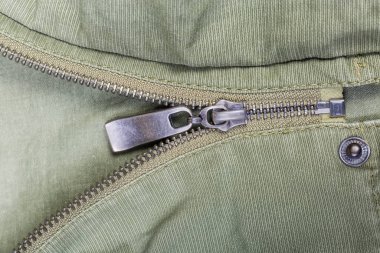 Metal zipper and snap button fastener on outerwear close-up clipart