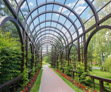 Yaz parkında ahşap kemerli pergola
