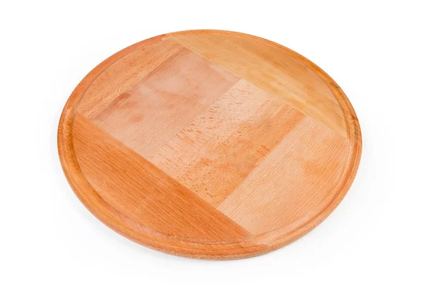Άδεια μεγάλη στρογγυλή ξύλινη πιτσαρία σε λευκό φόντο — Φωτογραφία Αρχείου