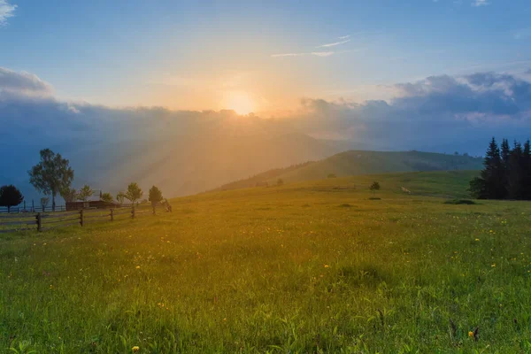 Zonsopgang op een hoogland glade in het Karpaten gebergte — Stockfoto