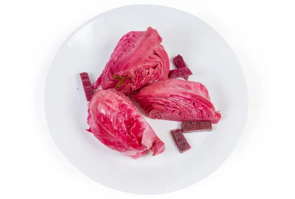 Pieces Heads Crispy White Cabbage Pickled Beetroot Dish White Background — Stockfoto