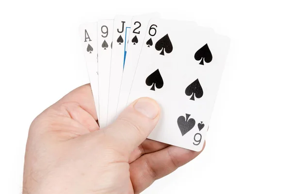 Combination Playing Cards Spades Suit Male Hand White Background — Stock Photo, Image