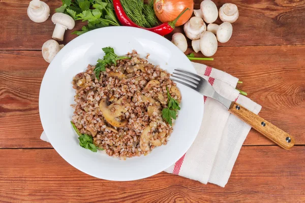 Bouillie Sarrasin Préparée Avec Des Champignons Bouton Tranchés Frits Des — Photo