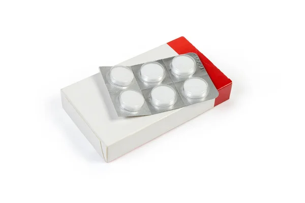 Blister Pack Medicamentos Pílulas Encontra Sua Caixa Papelão Fundo Branco — Fotografia de Stock