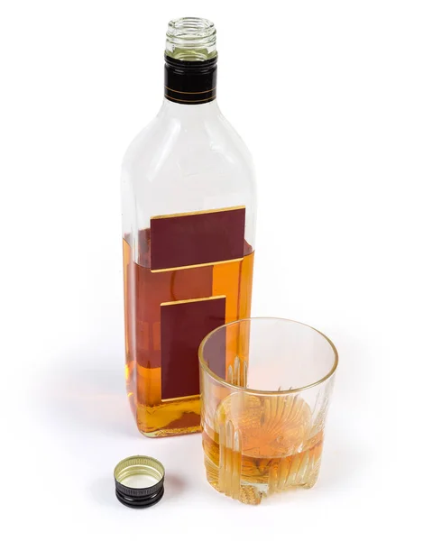 Bottiglia Aperta Parzialmente Riempita Whisky Bicchiere Con Tappo Whisky Bottiglia — Foto Stock