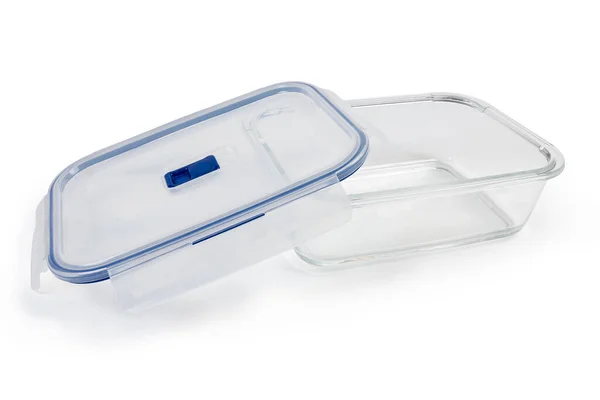 Recipiente Rectangular Almacenamiento Alimentos Vidrio Con Tapa Plástico Azul Claro —  Fotos de Stock