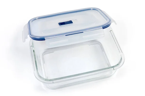 Recipiente Almacenamiento Alimentos Rectangular Vidrio Vacío Con Tapa Plástico Azul —  Fotos de Stock