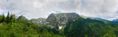 Tatra Dağları 'ndaki bulutlu gökyüzünün arka planında aşağıdan ormanla kaplı kayalık çıkıntılarla ve yamaçlarla kaplı dağ sıraları, panoramik manzara