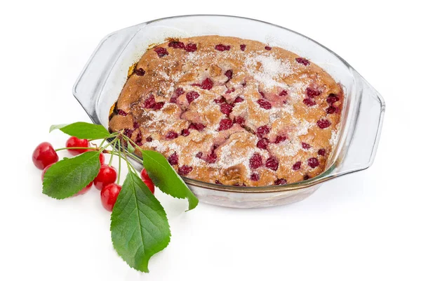 Baked Homemade Cherry Clafoutis Glass Casserole Pan Fresh Cherries Leaves — Stock Photo, Image