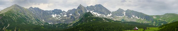 Schroffe Bergkette Vor Wolkenverhangenem Himmel Und Wald Fuße Des Bergrückens — Stockfoto