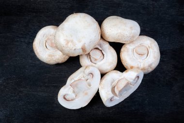 Siyah yüzeyde yeni ekilmiş küçük beyaz mantar yığını.