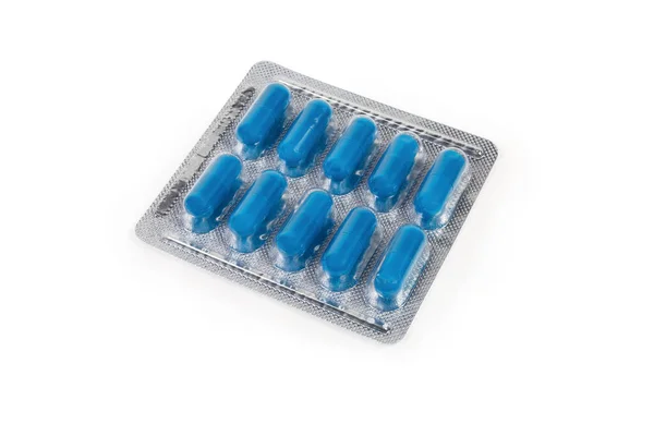 Envase Blister Con Medicamento Farmacéutico Forma Pastillas Azules Sobre Fondo —  Fotos de Stock