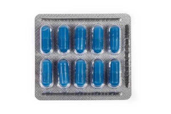 Confezione Blister Con Prodotto Farmaceutico Sotto Forma Pillole Blu Primo — Foto Stock