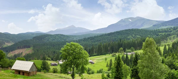 Mountain Landscape Outbuildings Hayfields Meadow Forest Foreground Background Distant Ridges — Stock Photo, Image