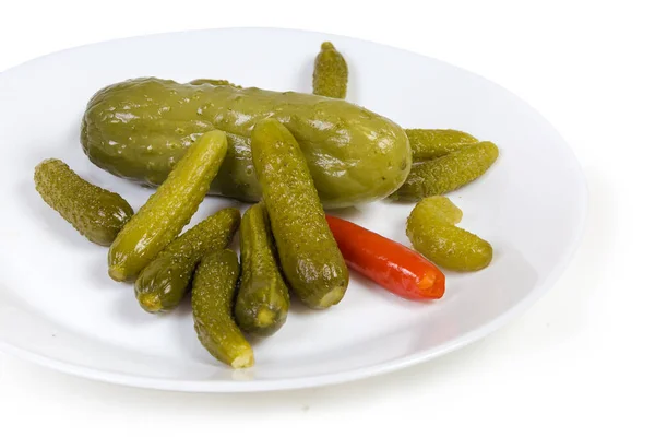 Pickled Tiny Cucumbers Also Called Gherkins One Pickled Ordinary Cucumber — Stock Photo, Image