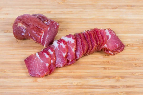 Sliced Air Cured Smoked Pork Neck Unsliced Rest Piece Bamboo — Stock Photo, Image