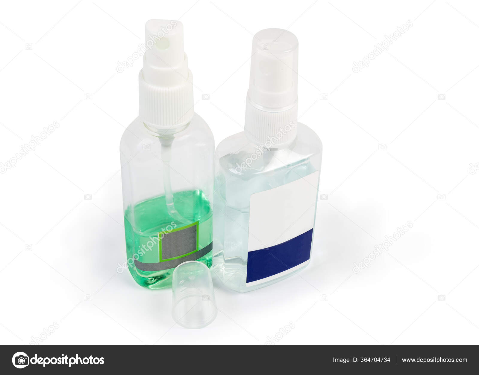 Two Small Plastic Bottles Different Antiseptics White Background