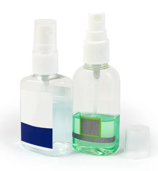 Zwei Kleine Plastikflaschen Der Verschiedenen Antiseptika Auf Weißem Hintergrund — Stockfoto