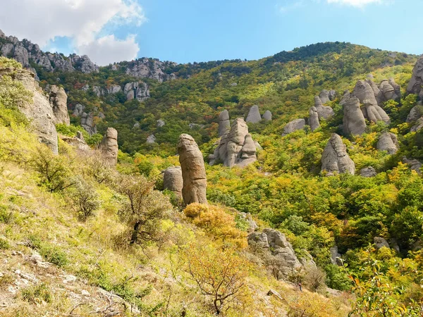 Piedra Caliza Resistido Rocas Entre Bosque Otoño Pendiente Montaña Vista — Foto de Stock