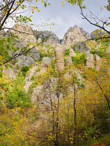Caliza Rocas Erosionadas Entre Bosque Otoño Ladera Montaña Vista Inferior — Foto de Stock
