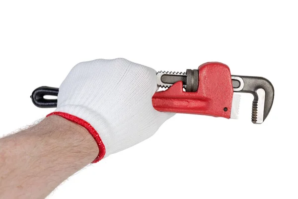 Çelik Sertleştirilmiş Çelik Boru Anahtarı Elinde Tırtıklı Çene Beyaz Arka — Stok fotoğraf
