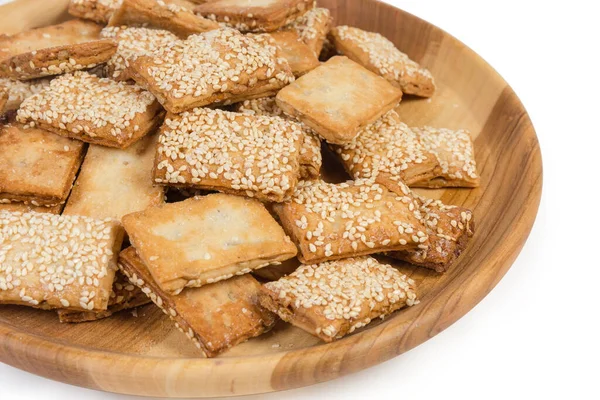 Biscoitos Crocantes Escamosos Retangulares Planos Com Sésamo Assado Cristalizado Prato — Fotografia de Stock