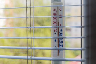Pencerenin dışına Celsius iliştirilmiş açık hava ev termometresi. Panjurların arasından seçici bir odak noktasında. 