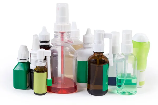 Varie Bottiglie Diversi Antisettici Medicinali Liquidi Sotto Forma Spray Gocce — Foto Stock