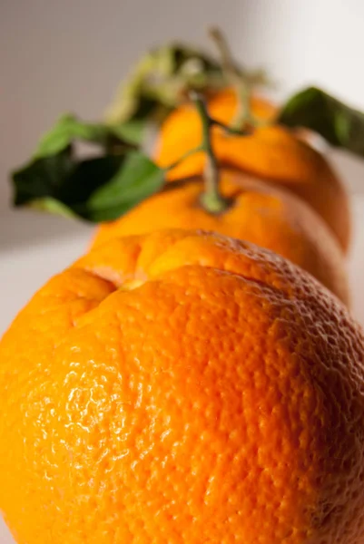 Trois oranges avec feuilles côte à côte — Photo