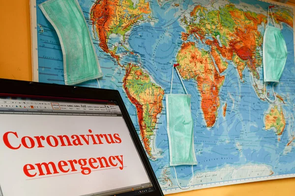 Coronavirus Parole Emergenza Video Portatile Mappa Geografica Del Mondo Con Fotografia Stock