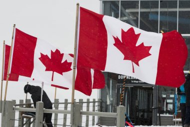 Kanada bayrağı Close-Up önünde bir bina, Whistler, British Columbia, Kanada