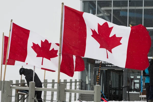 Kanada bayrağı Close-Up önünde bir bina, Whistler, British Columbia, Kanada