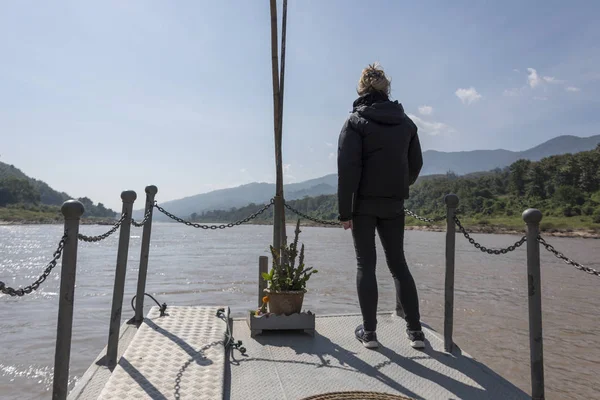 Rear View Woman Standing Dock River Mekong Laos — Stock Photo, Image