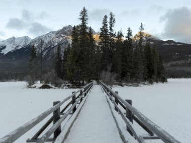 Kar kaplı köprü donmuş göl üzerinde piramit Gölü, piramit Adası, Otoban 16, Jasper, Jasper National Park, Alberta, Kanada