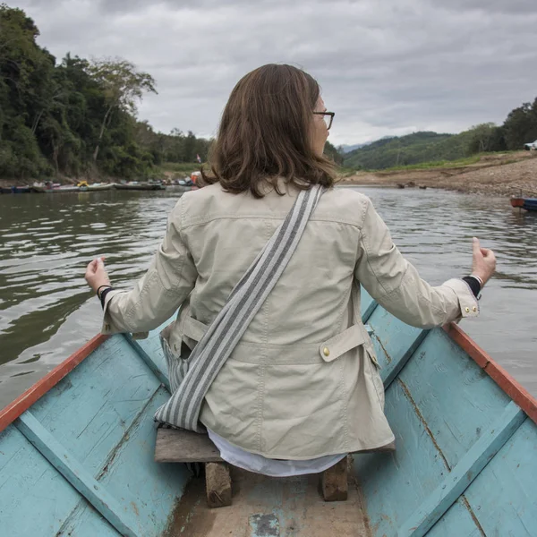 Woman Sitting Boat Nam Khan River Luang Prabang Laos — Stock Photo, Image